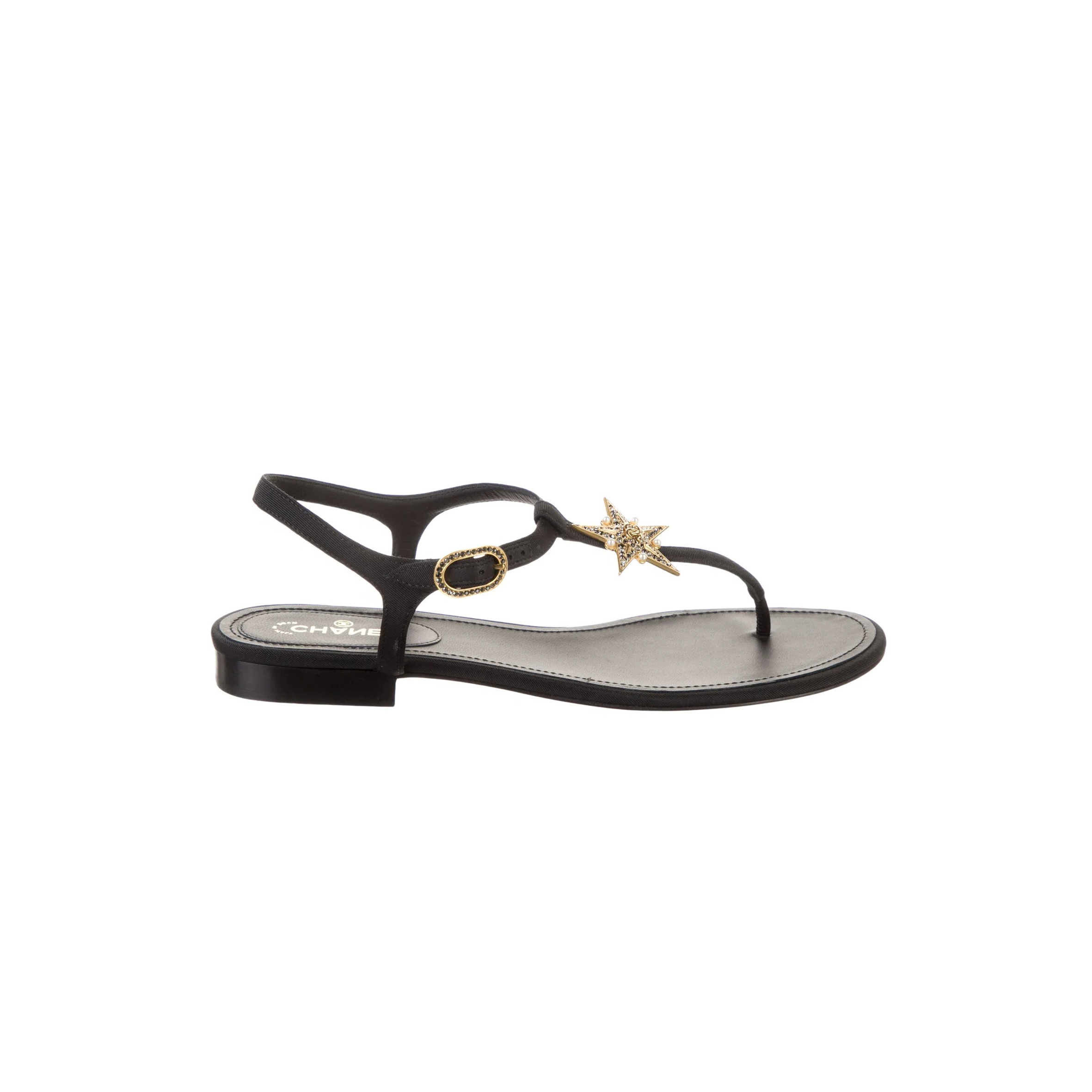 CHANEL LEATHER WOMEN’S SANDALS BLACK GOLD STARLIKE HARDWARE 
